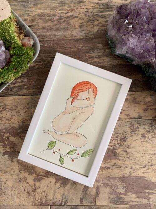 Original Hand Painted Watercolour in Frame 6"x4" - Lady on the Leaf