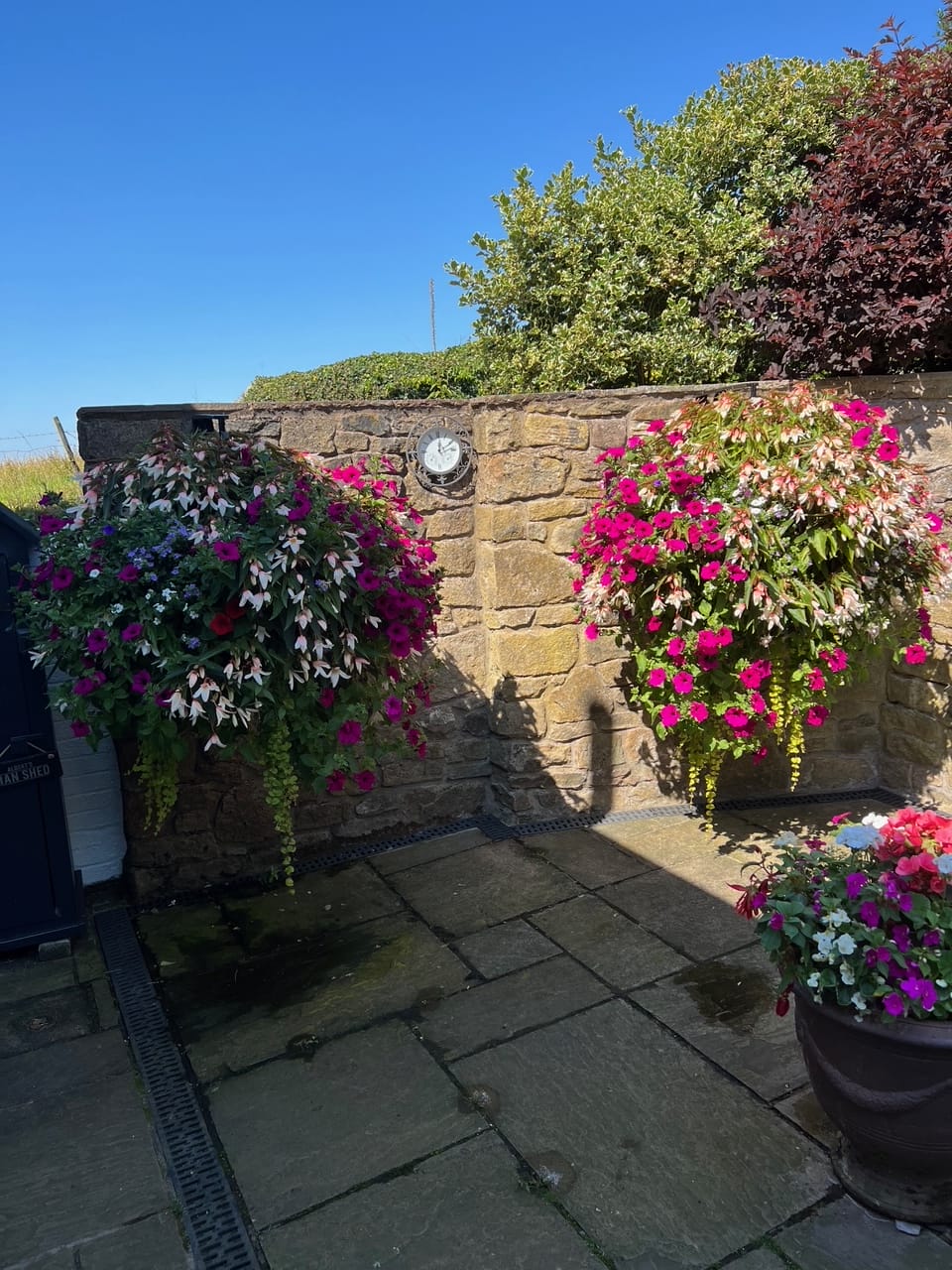 Charming garden with stone wall, vibrant flowers, vintage clock, and clear blue sky.
